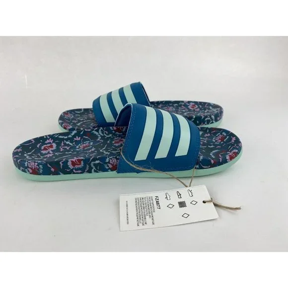Adidas Adilette Comfort Blue Floral Women's Slides Teal Uncommon Colorway - Picture 10 of 10